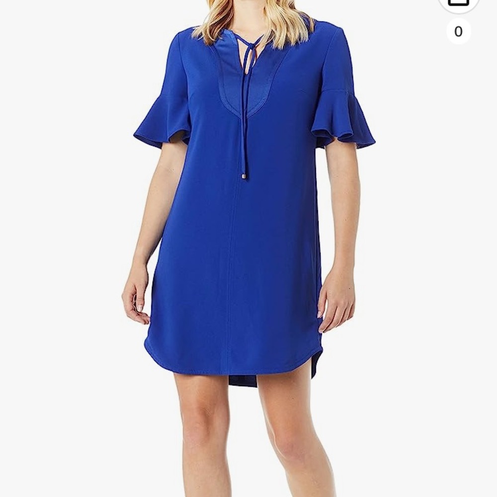 Trina Turk Donatella Ruffle Short Bell Sleeve Dress Size 0 Pullover Blue New